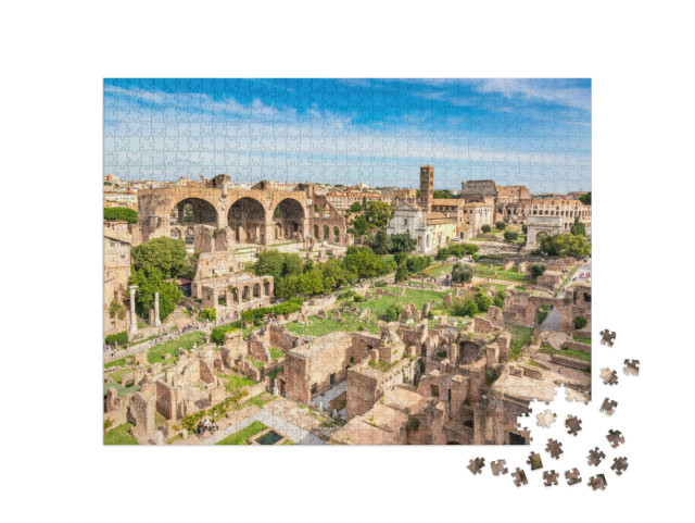Puzzle 1000 pezzi „Vista del Foro Romano e del Colosseo a Roma, in Italia, punti di riferimento di fama mondiale in Italia“
