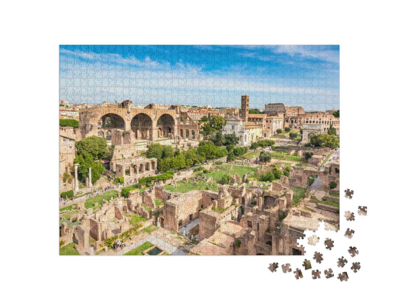 Puzzle 1000 pezzi „Vista del Foro Romano e del Colosseo a Roma, in Italia, punti di riferimento di fama mondiale in Italia“