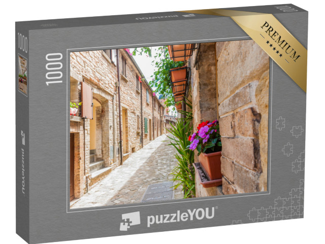 Puzzle 1000 pezzi „strada acciottolata, che è circondata dalla tipica cittadina di Frontone con le sue case in pietra“