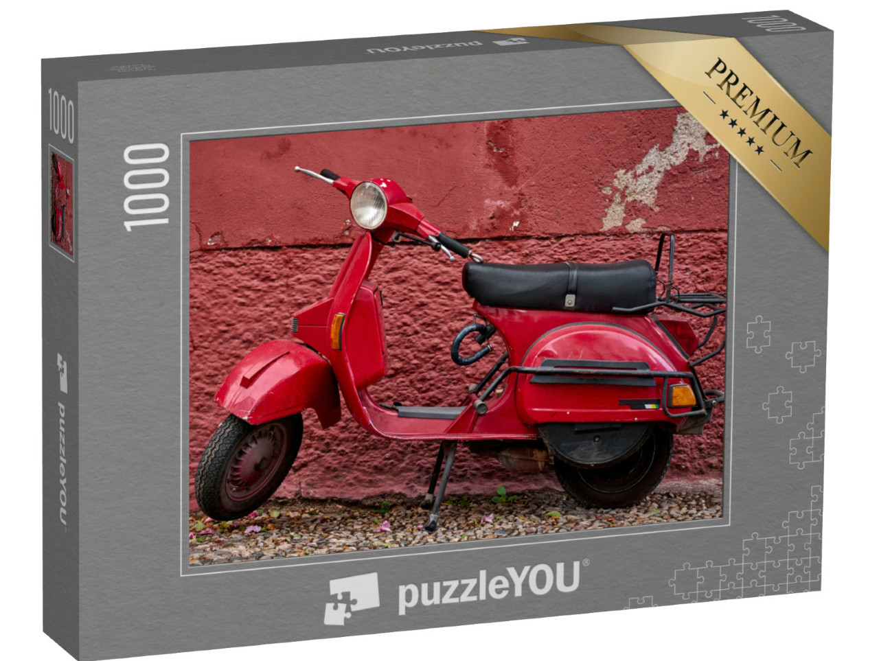 Puzzle 1000 pezzi „Scooter rosso parcheggiato accanto al muro rosso nella strada vuota“