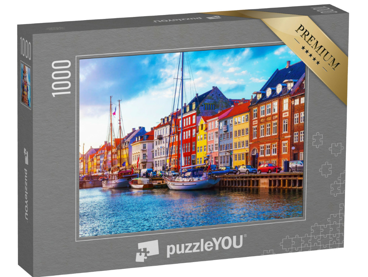 Puzzle 1000 pezzi „Tramonto con vista sul molo di Nyhavn: navi, yacht e case colorate“