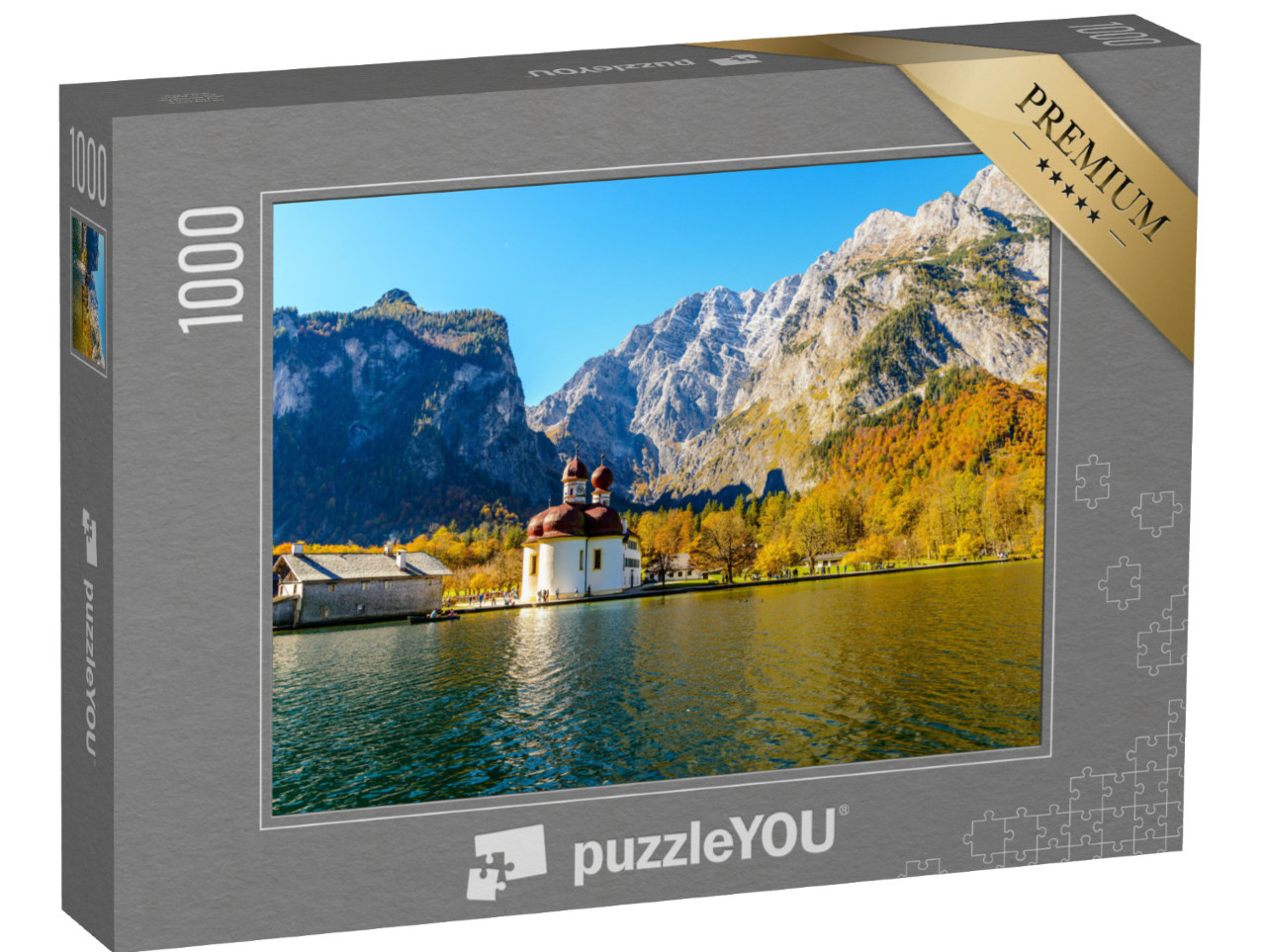 Puzzle 1000 pezzi „Chiesa di San Bartolomeo a Königssee in autunno, Baviera, Germania“