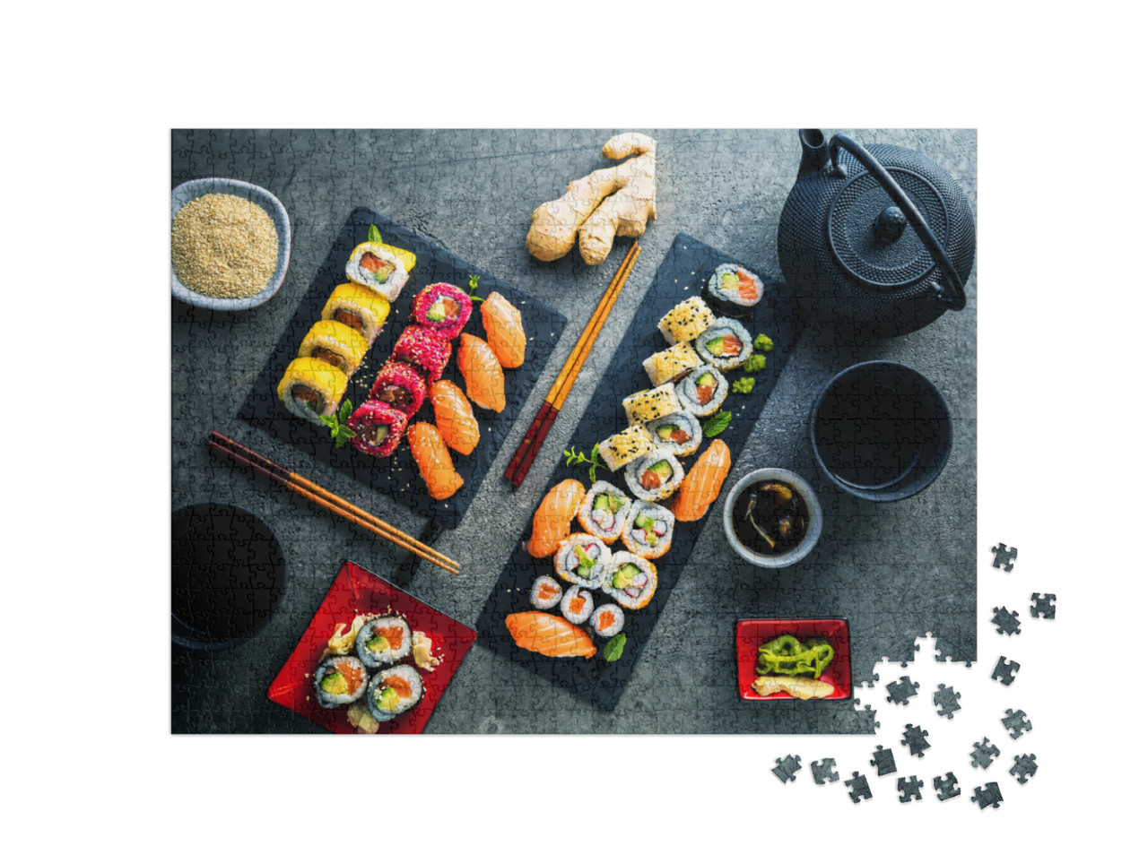 Puzzle 1000 pezzi „Maki e involtini dentro-fuori con tonno, salmone, gamberi e avocado“