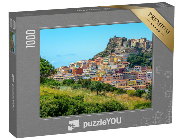 Puzzle 1000 pezzi „Vista dell'antico e colorato borgo medievale di Castelsardo vicino a Sassari, Sardegna, Italia“