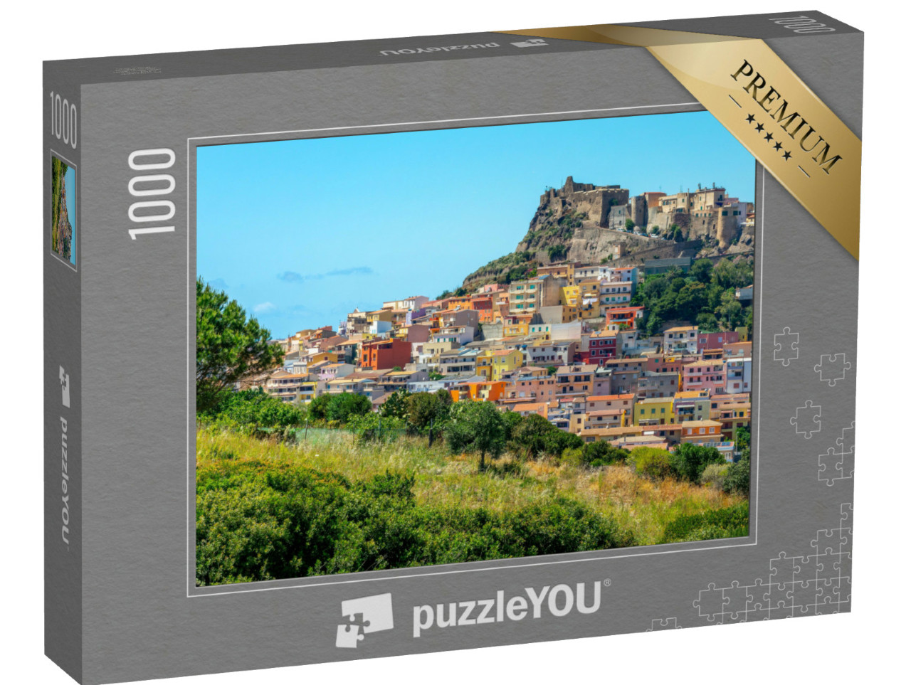 Puzzle 1000 pezzi „Vista dell'antico e colorato borgo medievale di Castelsardo vicino a Sassari, Sardegna, Italia“