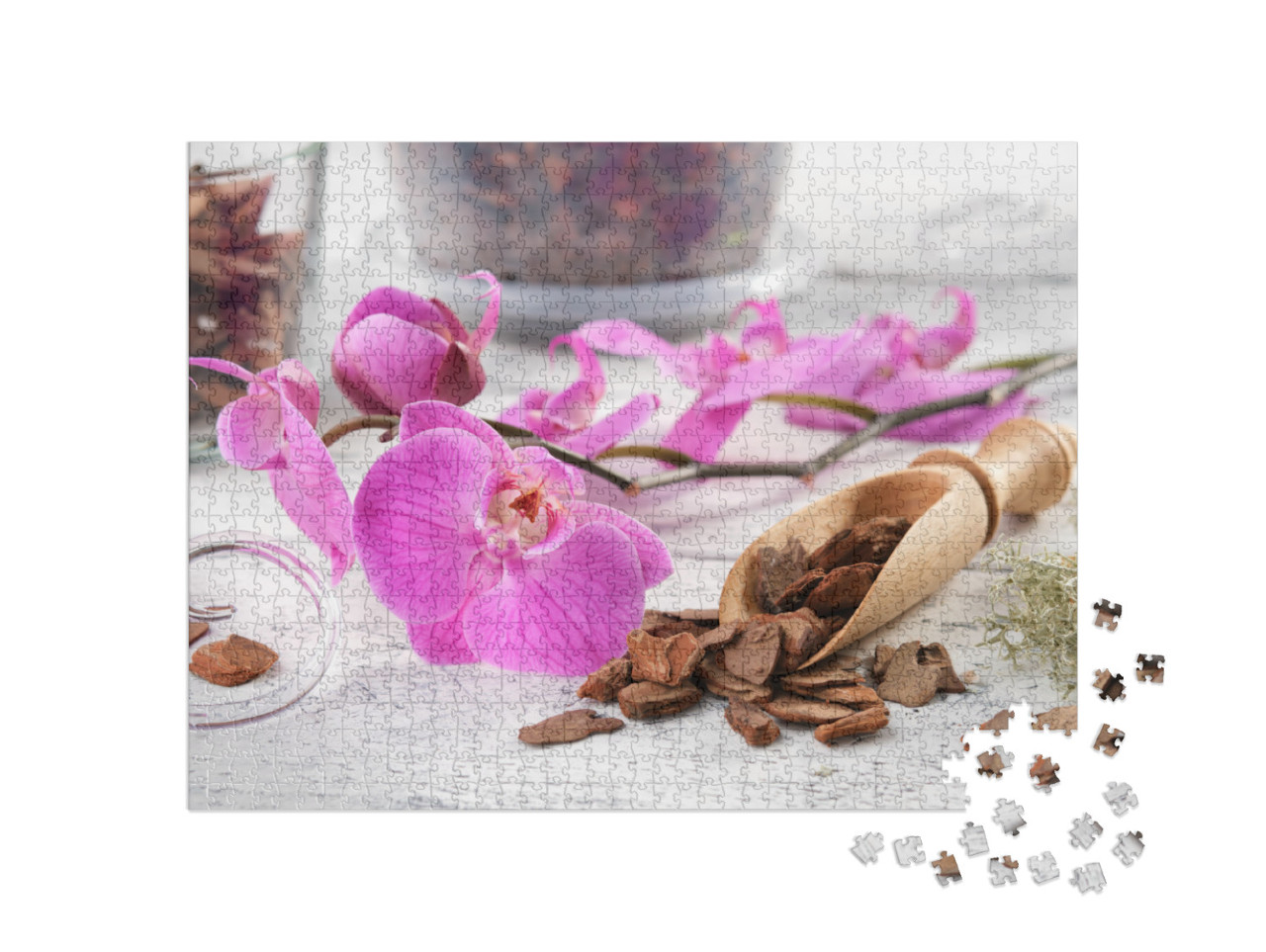 Puzzle 1000 pezzi „Bellissima composizione, con un'orchidea viola al centro“