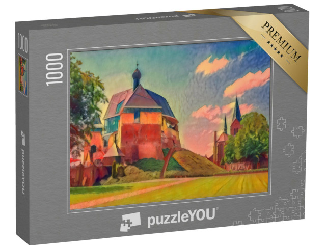 Puzzle 1000 pezzi „nello stile artistico di Franz Marc - castello e chiesa di Keverburg sulla Mosa, Paesi Bassi“