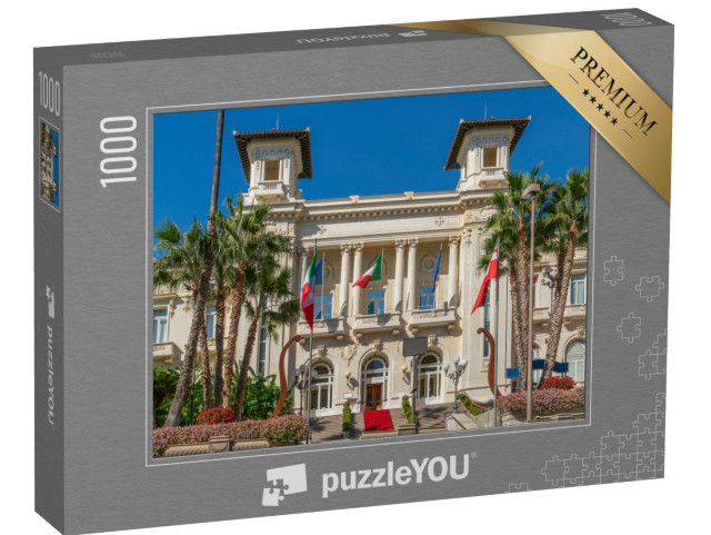 Puzzle 1000 pezzi „Area d'ingresso dell'edificio del casinò di Sanremo, sulla costa ligure del Mediterraneo“