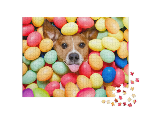 Puzzle 1000 pezzi „Buona Pasqua: un cagnolino si nasconde nelle uova di Pasqua“