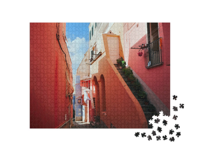 Puzzle 1000 pezzi „Marina Corricella, villaggio di pescatori sulla costa dell'isola di Procida, con edifici colorati, Italia“