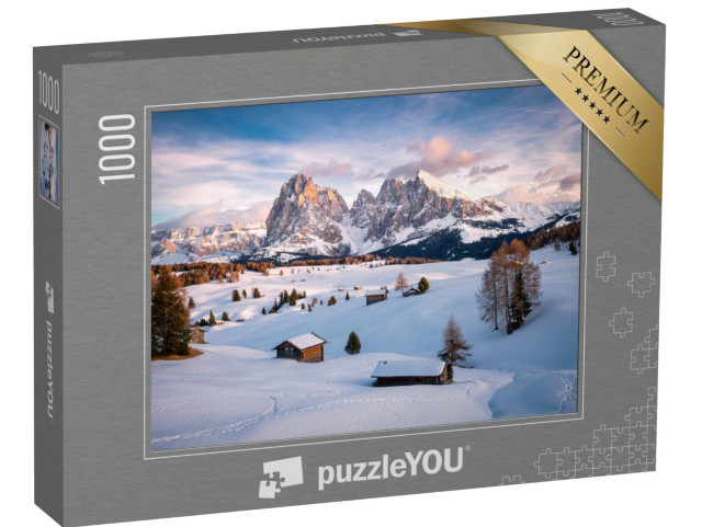 Puzzle 1000 pezzi „sciare sull'Alpe di Siusi con la neve in inverno, Dolomiti, Italia“