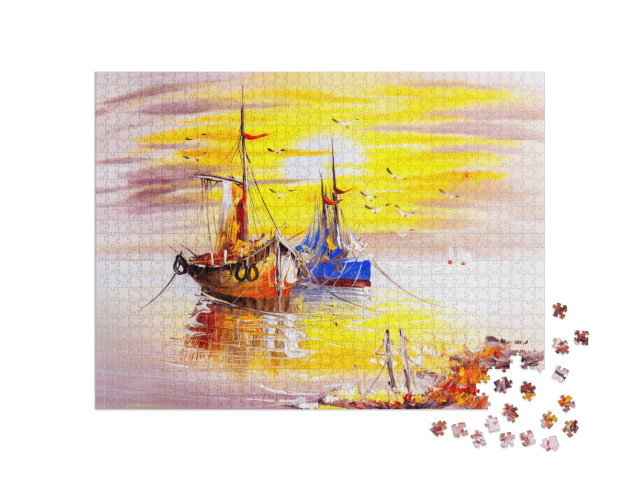 Puzzle 1000 pezzi „Pittura a olio: Due barche da pesca al tramonto“