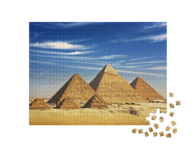 Puzzle 1000 pezzi „Vista generale delle piramidi dall'altopiano di Giza, Egitto“