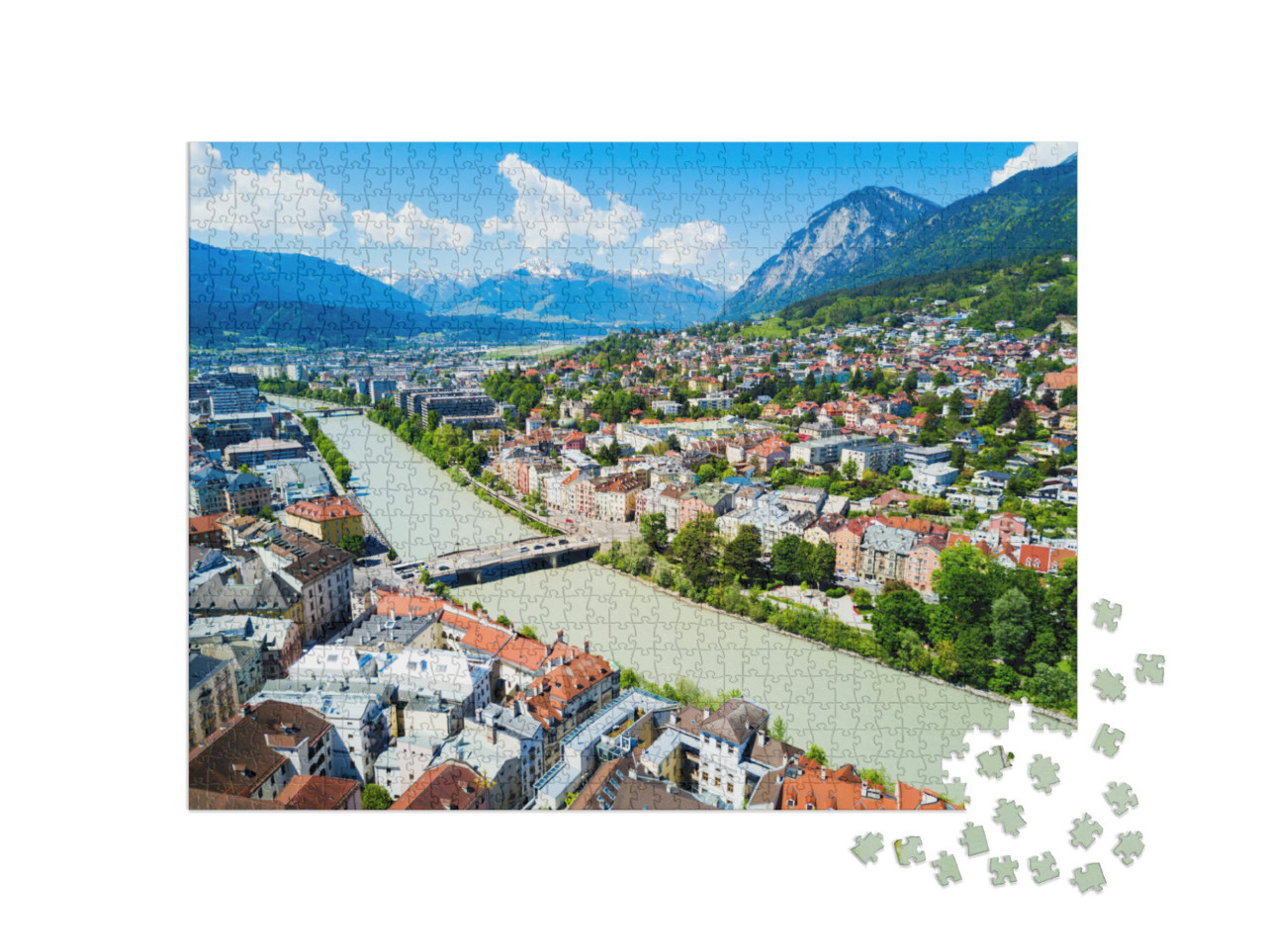 Puzzle 1000 pezzi „Il fiume Inn e il centro di Innsbruck dall'alto“