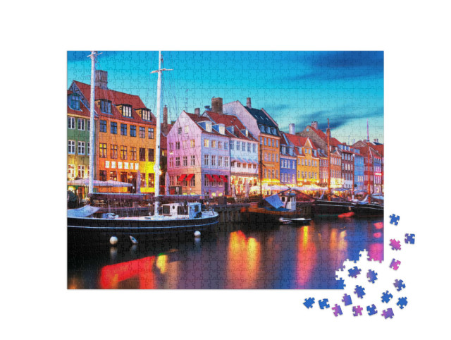 Puzzle 1000 pezzi „Panorama serale sul molo di Nyhavn, Copenaghen, Danimarca“