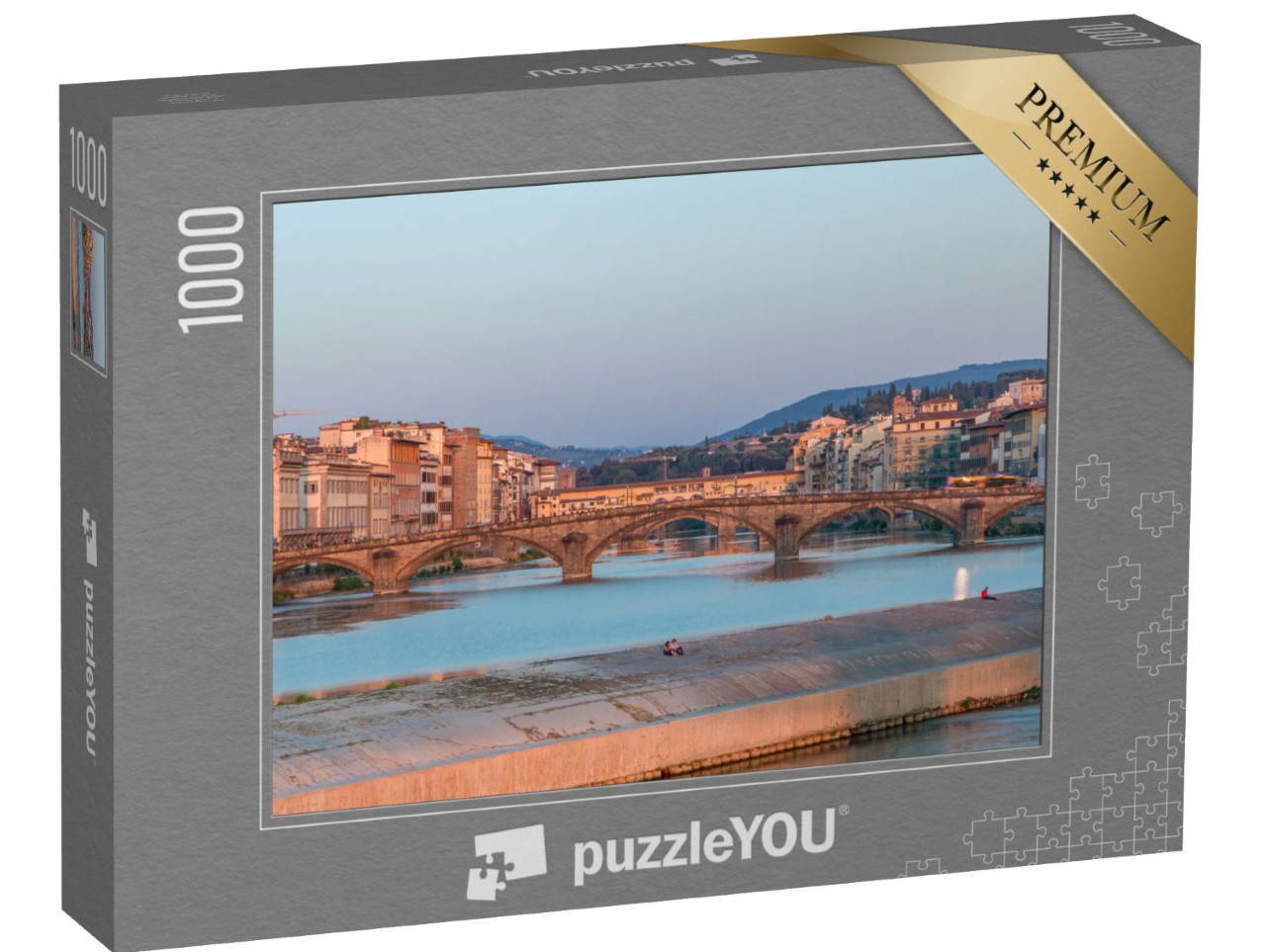 Puzzle 1000 pezzi „Vista in timelapse dello skyline al tramonto della città toscana, abitazioni edifici e Ponte alla Carraia“