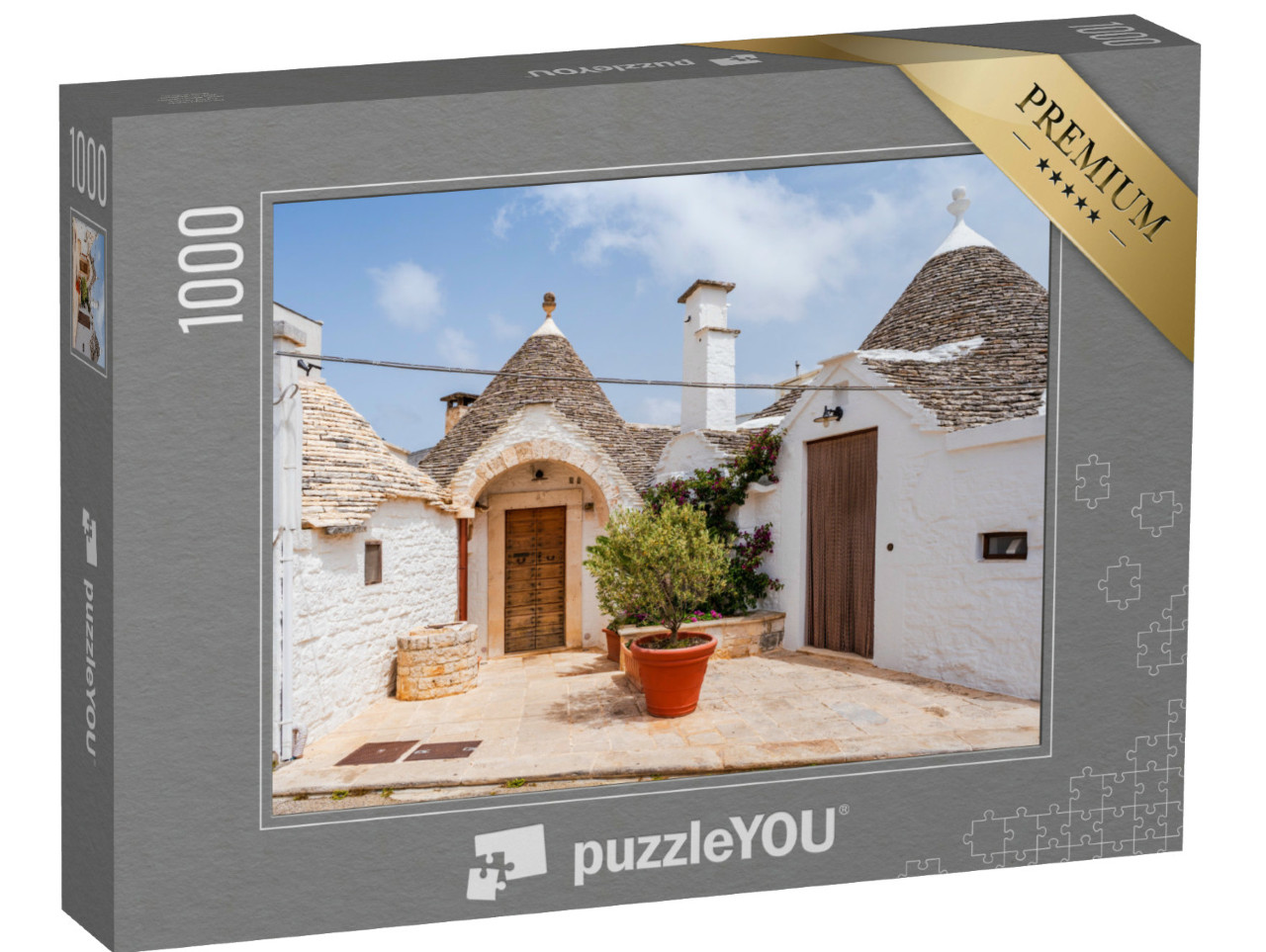 Puzzle 1000 pezzi „Famosi trulli storici in pietra a secco con tetti conici ad Alberobello“