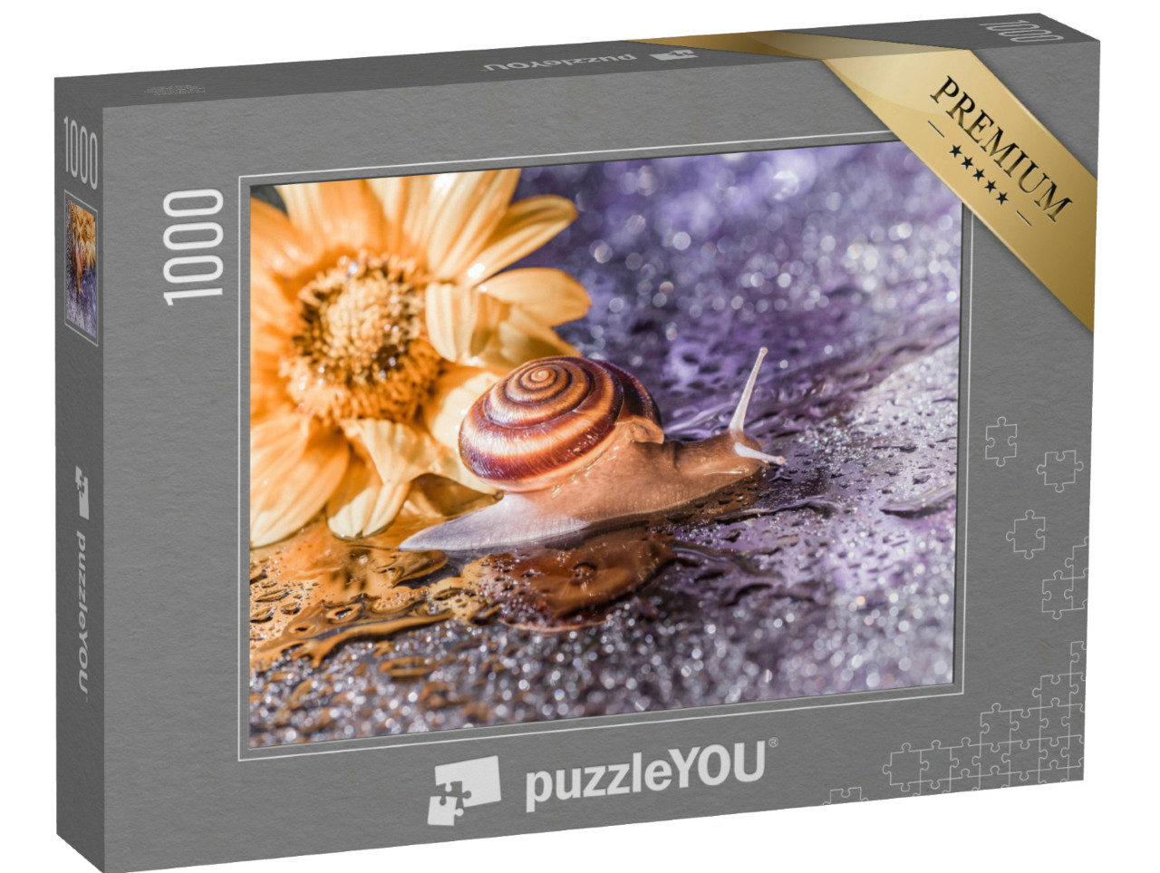 Puzzle 1000 pezzi „Una piccola lumaca tra le gocce di pioggia“