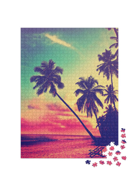 Puzzle 1000 pezzi „Spiaggia tropicale con sagome di palme al tramonto“