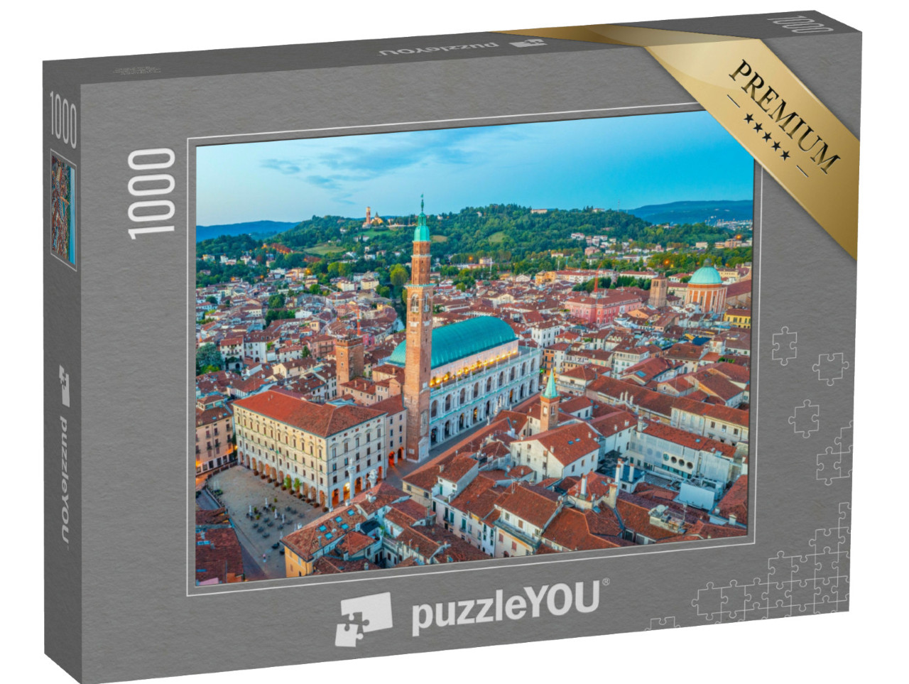 Puzzle 1000 pezzi „Vista aerea dell'alba della Basilica Palladiana in Piazza dei Signori, nella città italiana di Vicenza.“