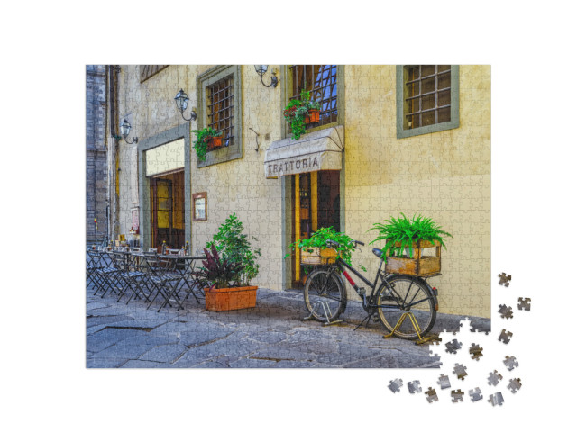 Puzzle 1000 pezzi „Strada stretta con i tavoli di un'antica trattoria a Firenze, Toscana, Italia“