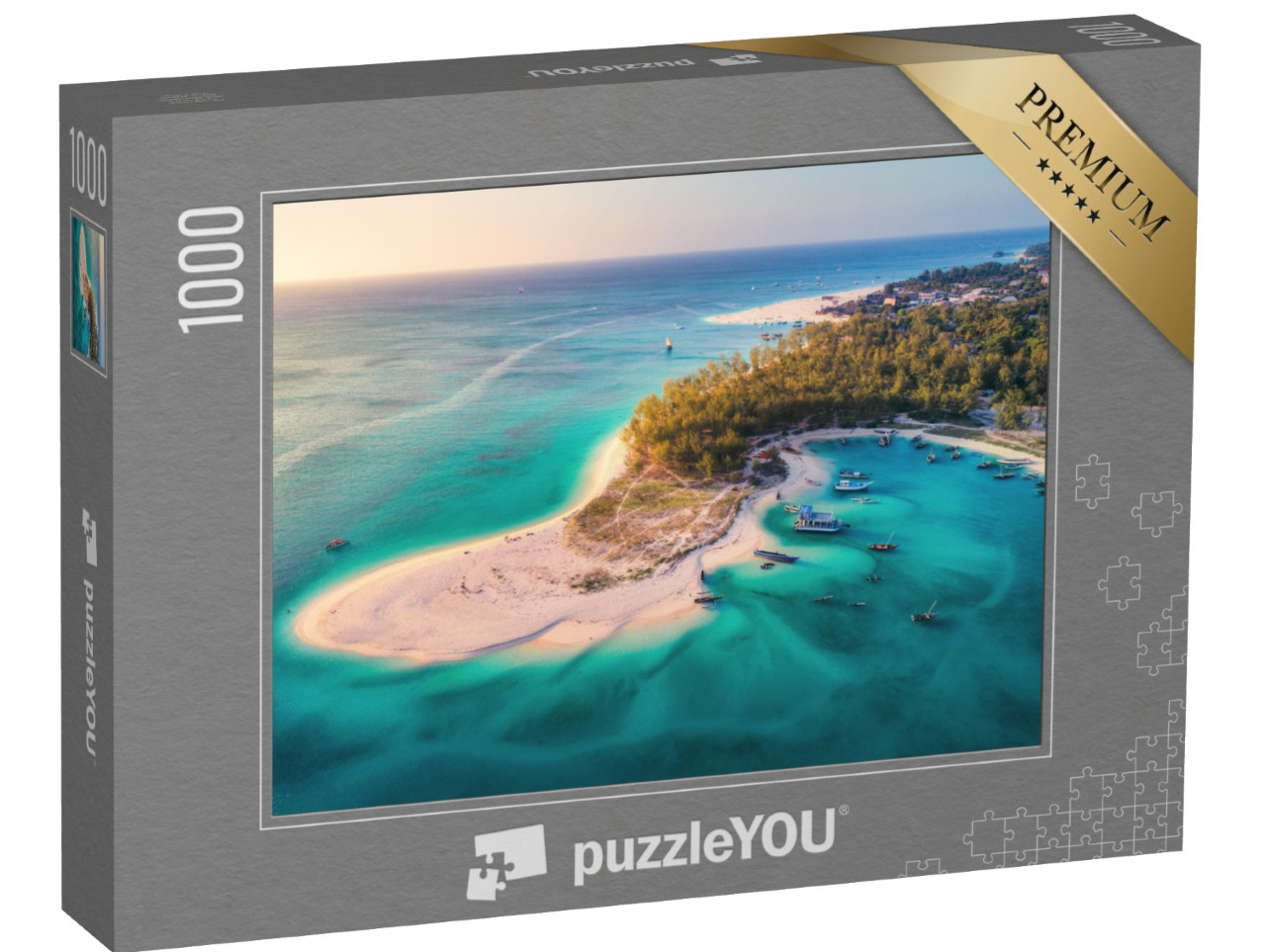 Puzzle 1000 pezzi „Barche da pesca sulla spiaggia di Zanzibar, Africa“