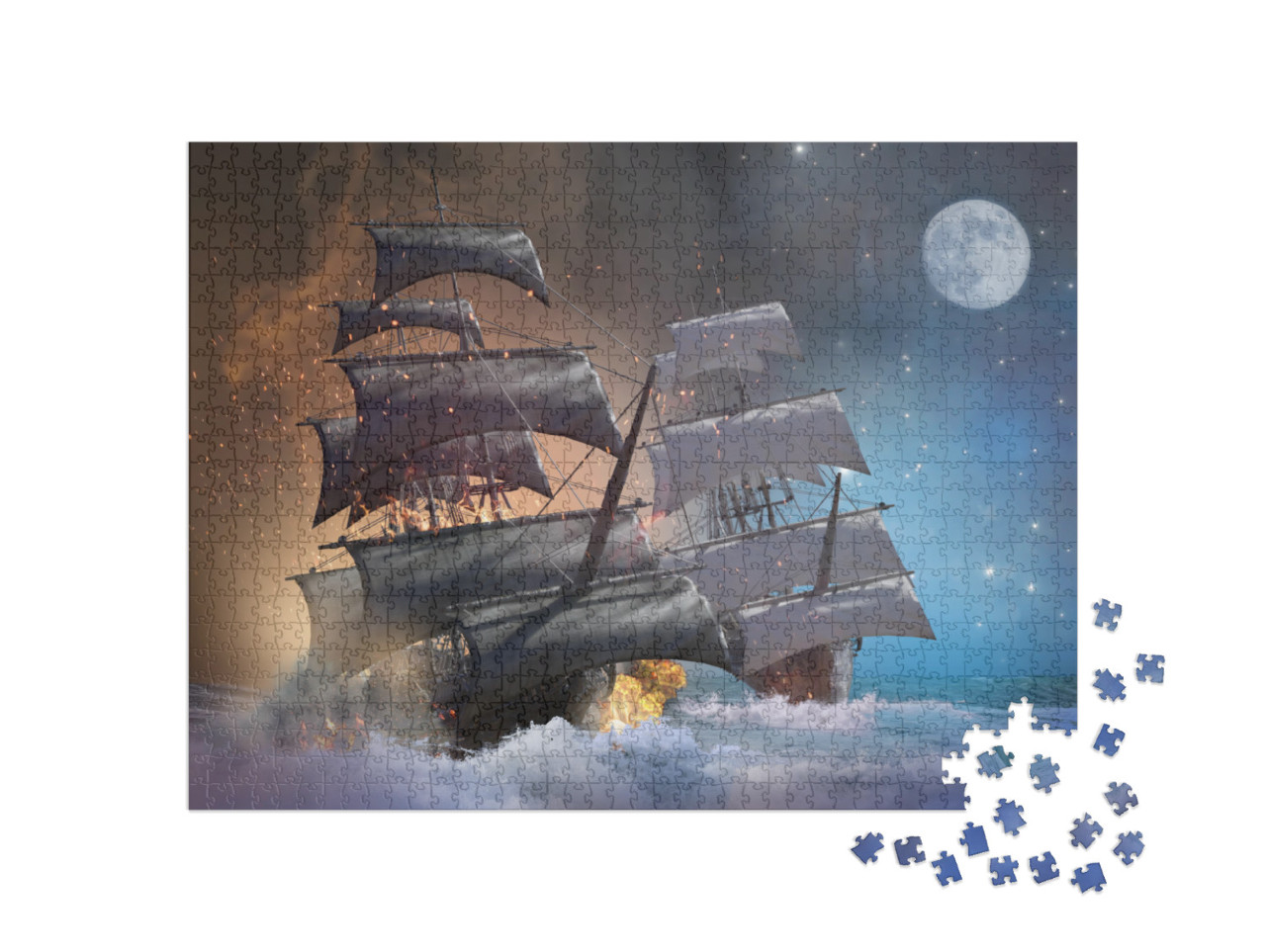 Puzzle 1000 pezzi „Illustrazione: Nave pirata in una battaglia navale notturna“