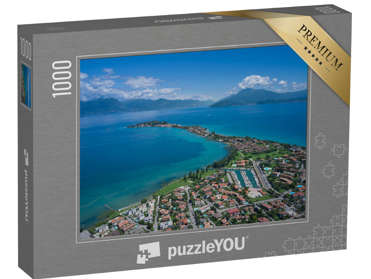Puzzle 1000 pezzi „Lago di Garda, Sirmione, Italia. Castello italiano sul lago di Garda“