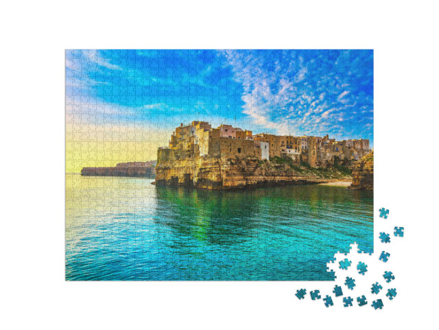 Puzzle 1000 pezzi „Polignano a Mare, villaggio sulle rocce all'alba, Bari, Puglia, Italia meridionale, Europa“
