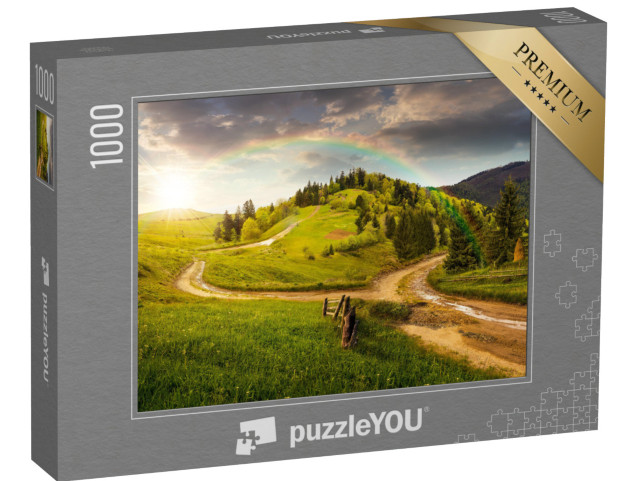 Puzzle 1000 pezzi „Bellissimo paesaggio collinare verde con arcobaleni“