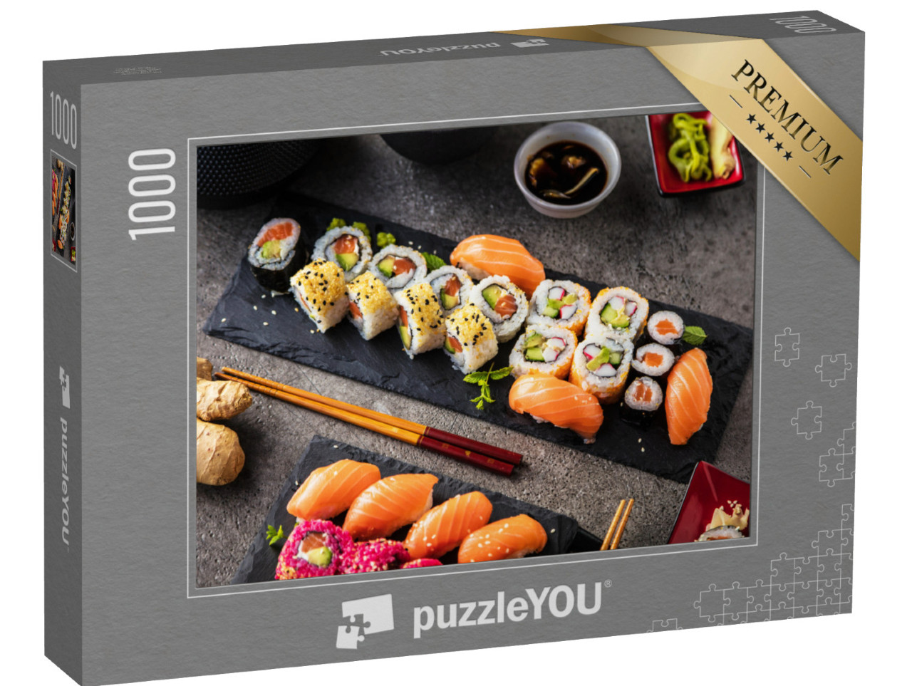 Puzzle 1000 pezzi „Varietà di sushi su piatti di ardesia con e zenzero“