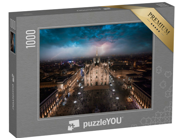 Puzzle 1000 pezzi „Piazza Duomo di fronte al Duomo di Milano durante un forte temporale“