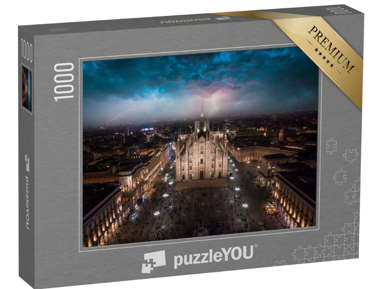 Puzzle 1000 pezzi „Piazza Duomo di fronte al Duomo di Milano durante un forte temporale“