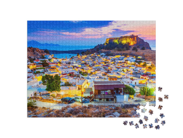 Puzzle 1000 pezzi „Lindos: un piccolo villaggio imbiancato e l'Acropoli, Grecia“