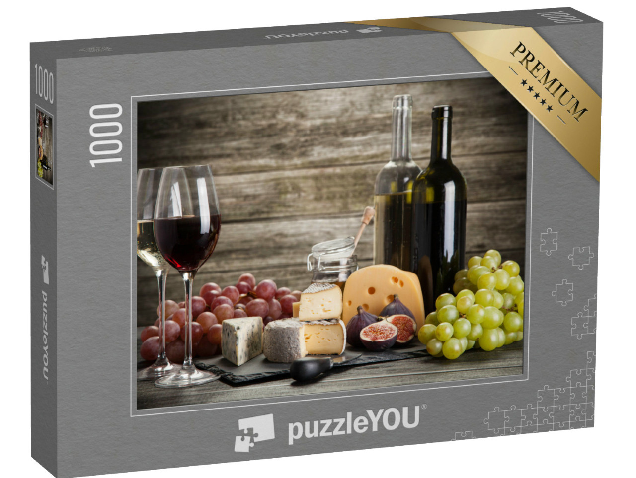 Puzzle 1000 pezzi „Natura morta di vino e formaggio con fichi e uva“