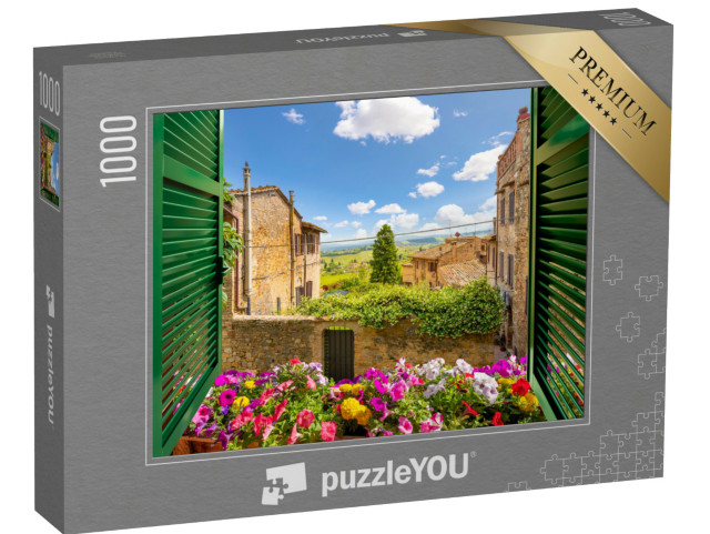 Puzzle 1000 pezzi „Vista attraverso una finestra aperta della campagna toscana e del centro storico di San Gimignano“