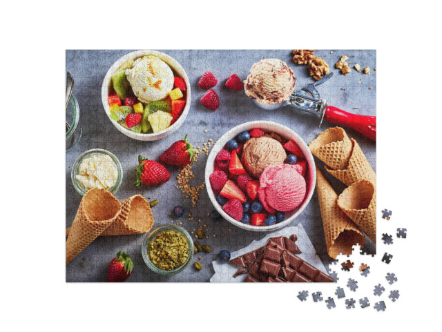 Puzzle 1000 pezzi „Palline colorate di gelato e frutta fresca“