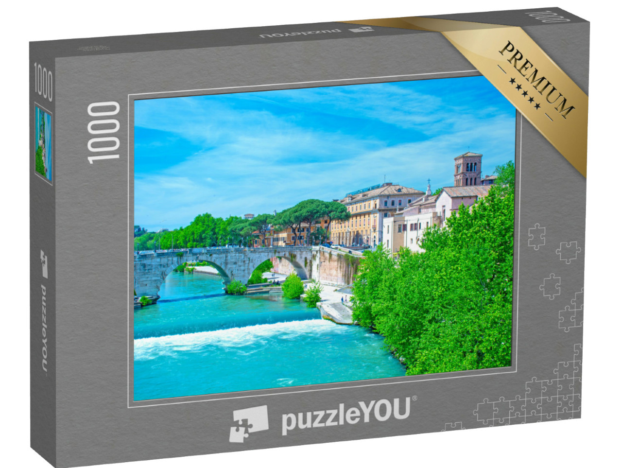 Puzzle 1000 pezzi „Roma, Isola Tiberina con ponte Cestio e la Basilica di San Bartolomeo sull'Isola“