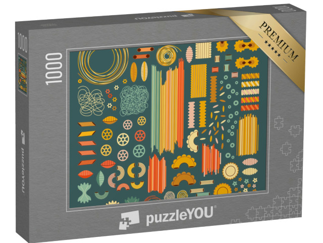 Puzzle 1000 pezzi „Tipi di pasta italiana Poster colorato con spaghetti e pasta in stile vintage retrò“