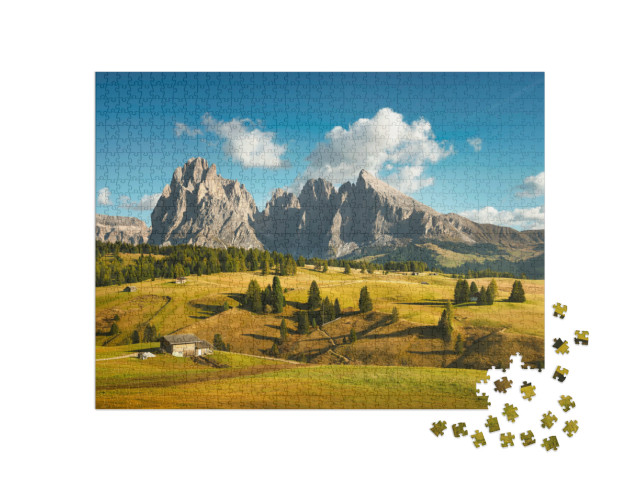 Puzzle 1000 pezzi „Alpe di Siusi o Alpe di Siusi, Dolomiti Alpi Sassolungo e Sassopiatto, Trentino Alto Adige“