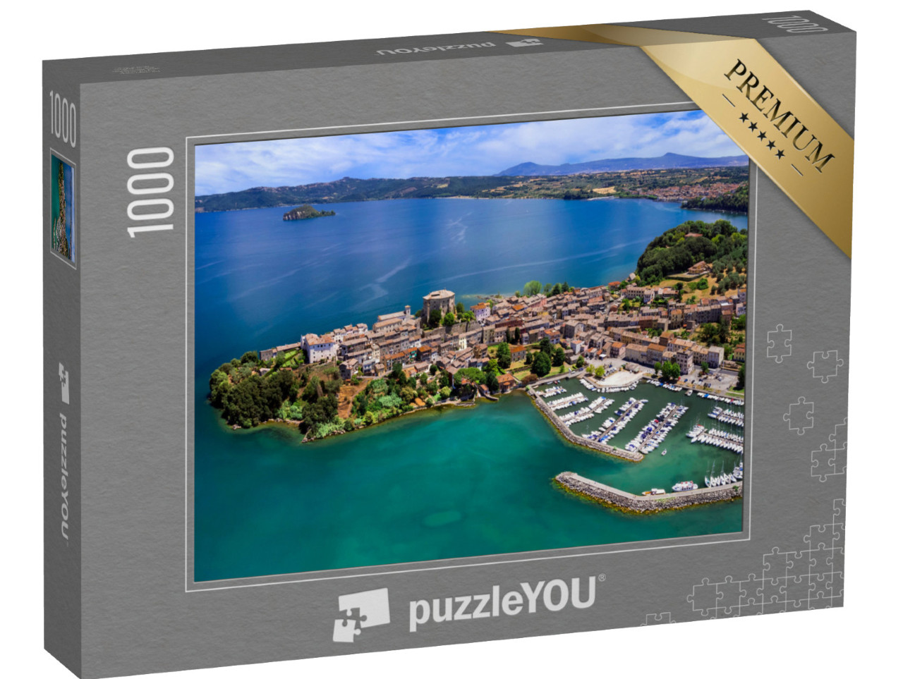 Puzzle 1000 pezzi „Il bellissimo lago di Bolsena. Veduta aerea del borgo medievale di Capodimonte“