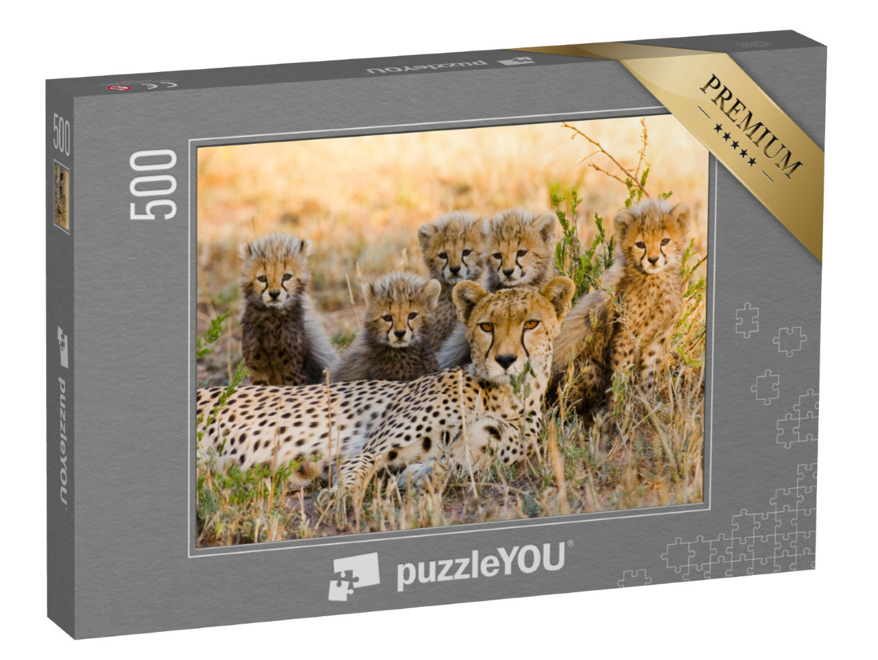 Puzzle 500 pezzi „Madre ghepardo e i suoi cuccioli nella savana, Kenya“