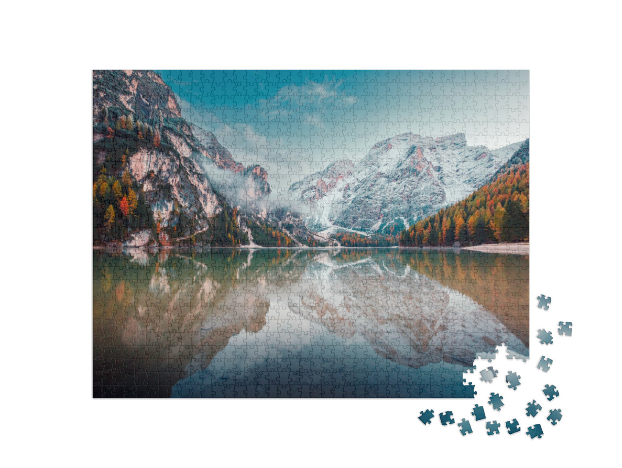 Puzzle 1000 pezzi „Magnifica vista della possente roccia sopra il lago Pragser Wildsee, Parco Nazionale Fanes-Sennes-Prags“