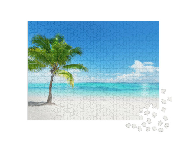 Puzzle 1000 pezzi „Spiaggia paradisiaca con palme sulla costa della Repubblica Dominicana“