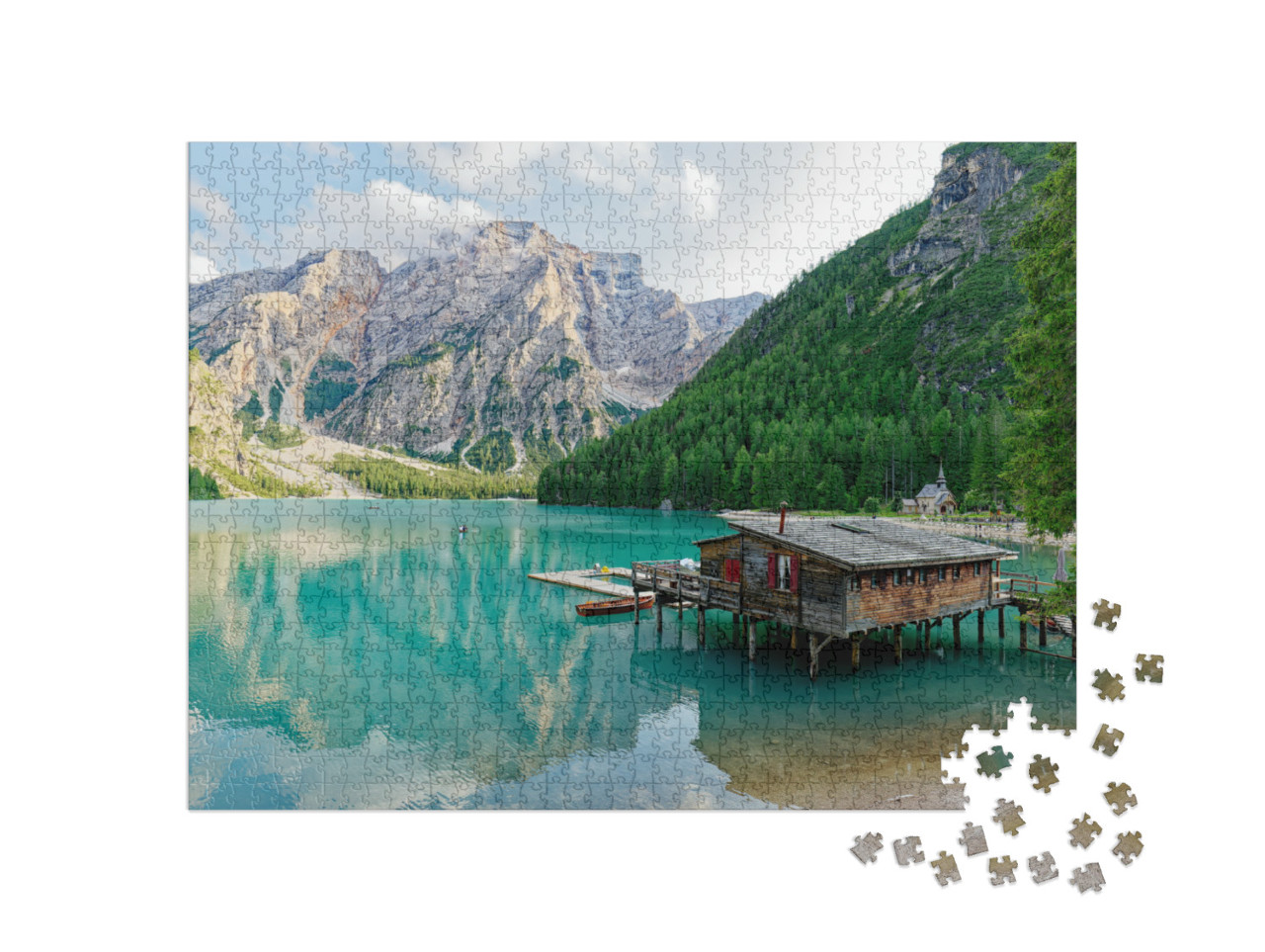 Puzzle 1000 pezzi „Vista del tramonto sul Lago di Braies nelle Dolomiti, uno dei laghi più belli d'Italia“