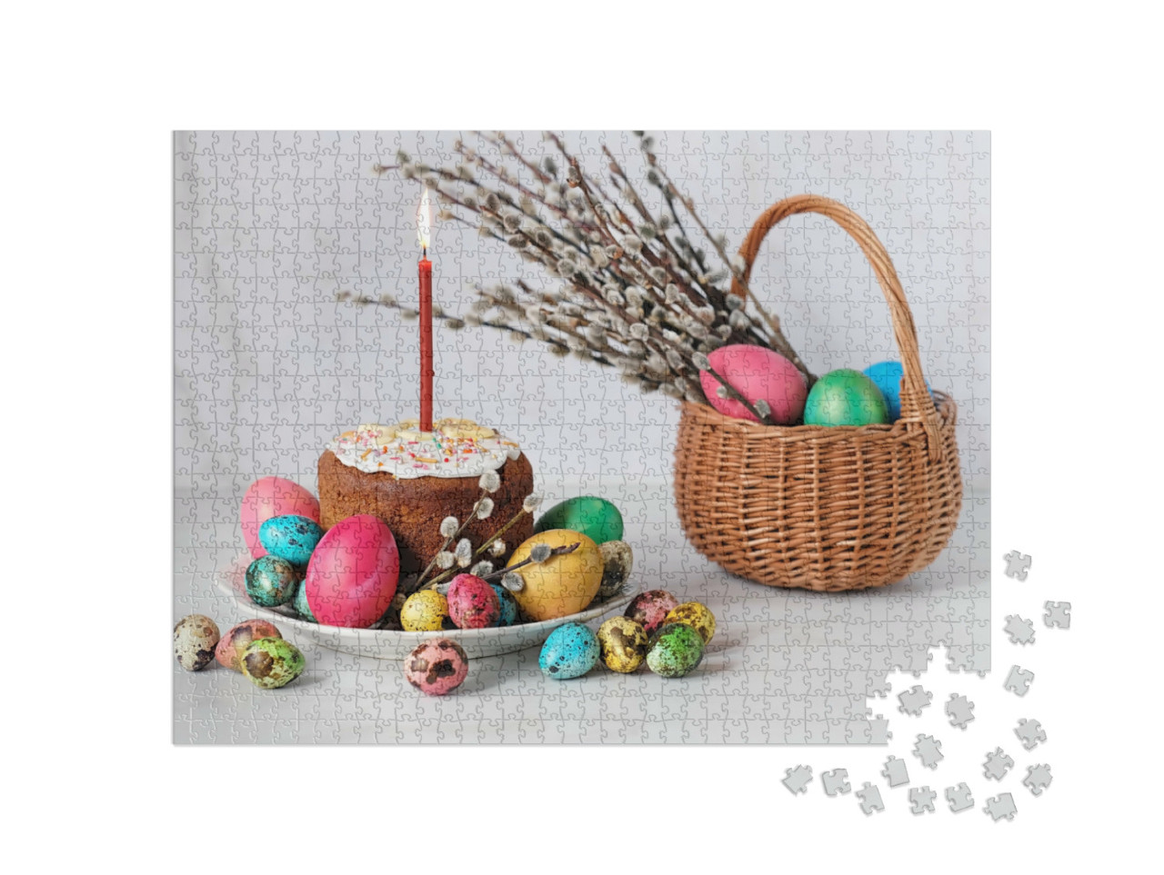 Puzzle 1000 pezzi „Una torta pasquale con una candela e uova di Pasqua colorate e decorate“