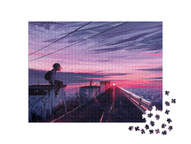 Puzzle 1000 pezzi „Illustrazione estetica di una ragazza seduta sul tetto“