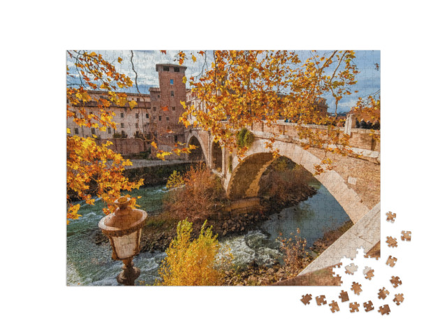 Puzzle 1000 pezzi „Autunno e foliage a Roma. Foglie arancioni e gialle vicino all'Isola Tiberina con l'antico ponte romano“