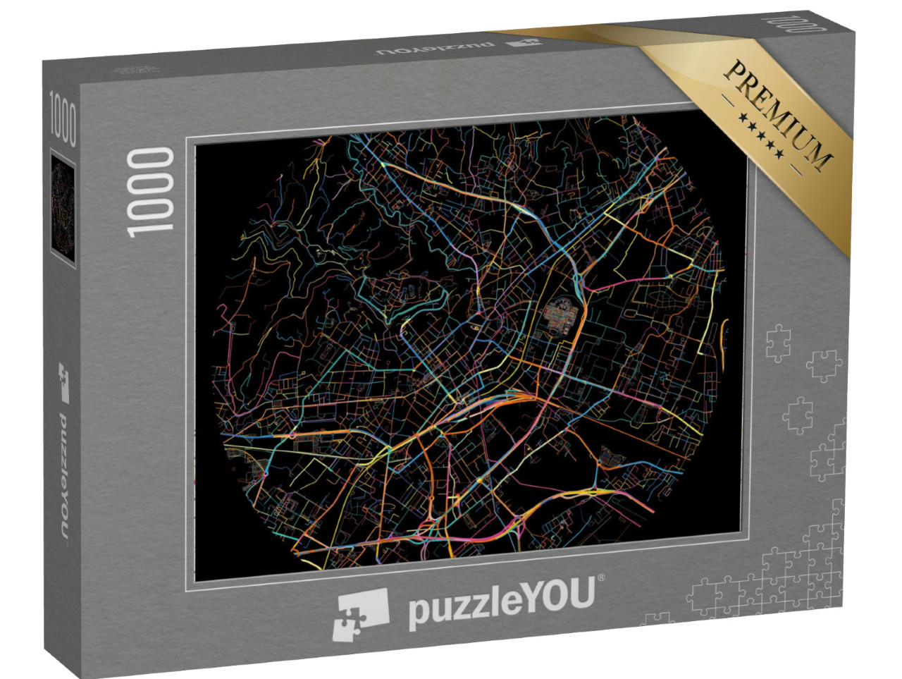 Puzzle 1000 pezzi „Mappa di Bergamo, Lombardia con tutte le strade principali e secondarie, le ferrovie e le vie d'acqua“