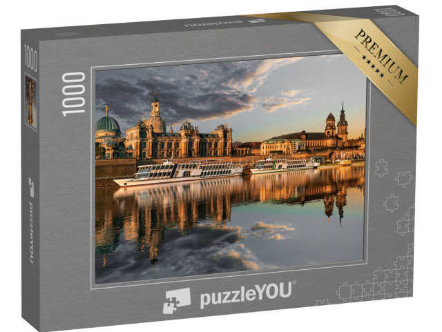 Puzzle 1000 pezzi „Lo skyline della città di Dresda sull'Elba e il ponte di Augusto al tramonto“